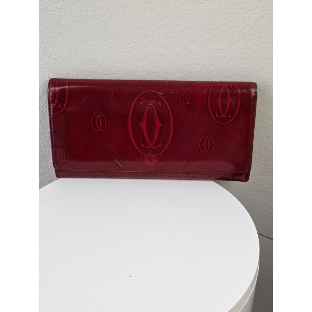 Cartier Happy Birthday Snap Embossed Leather Wallet Burgundy Red Patent Brown - Picture 2 of 15